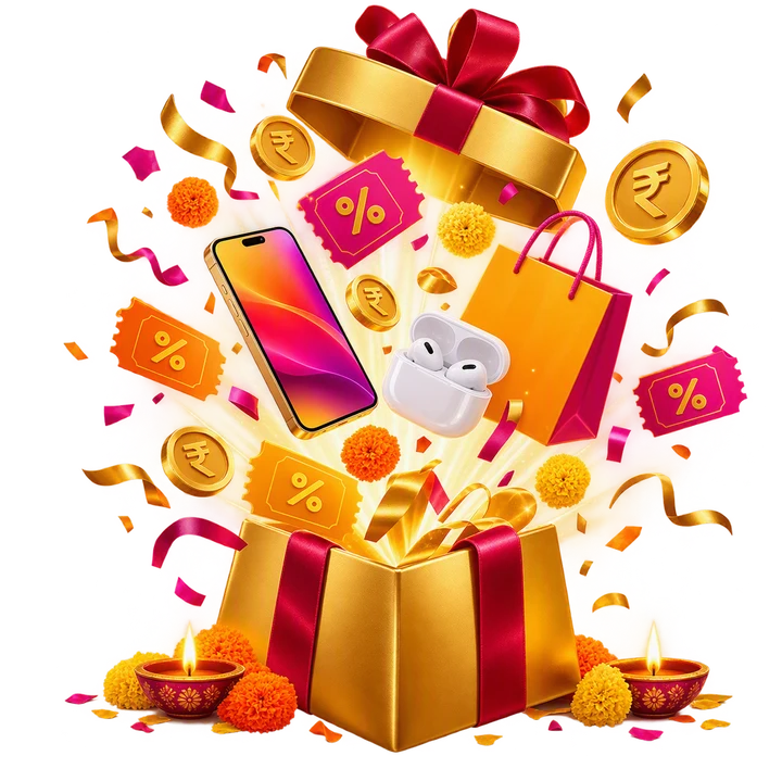 Gift box bursting with coupons, coins, phone and earbuds